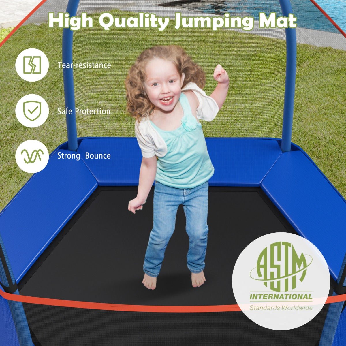 Safe Playtime: Kids Trampoline with Safety Enclosure Net for Outdoor Play Blue