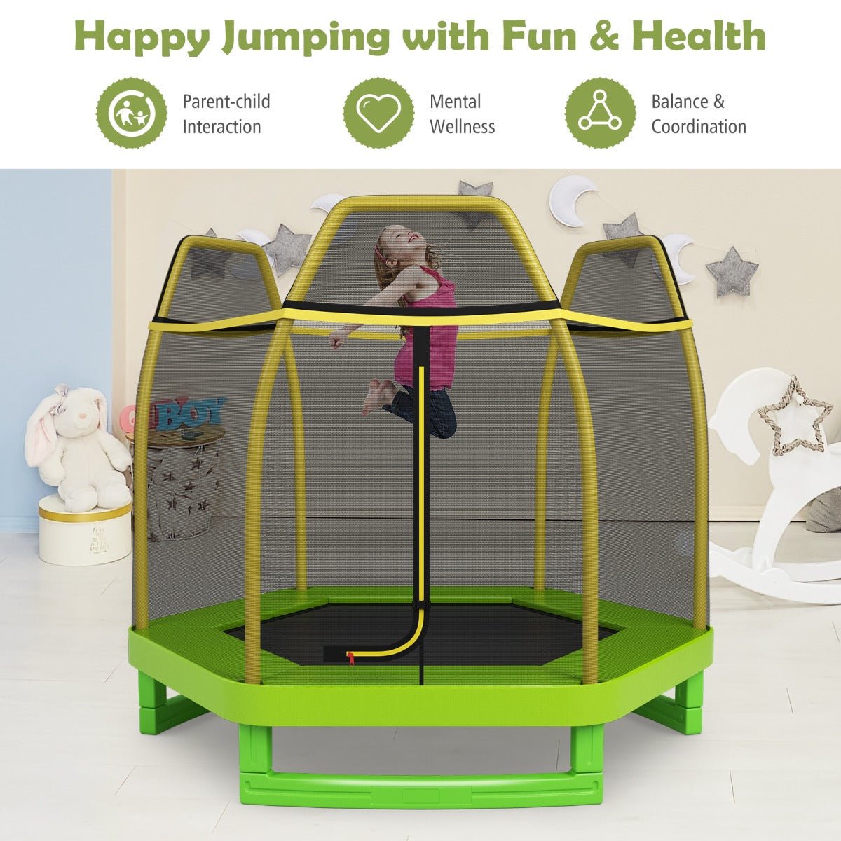 Jumping Joy: Kids Trampoline with Safety Enclosure Net for Outdoor Play Green