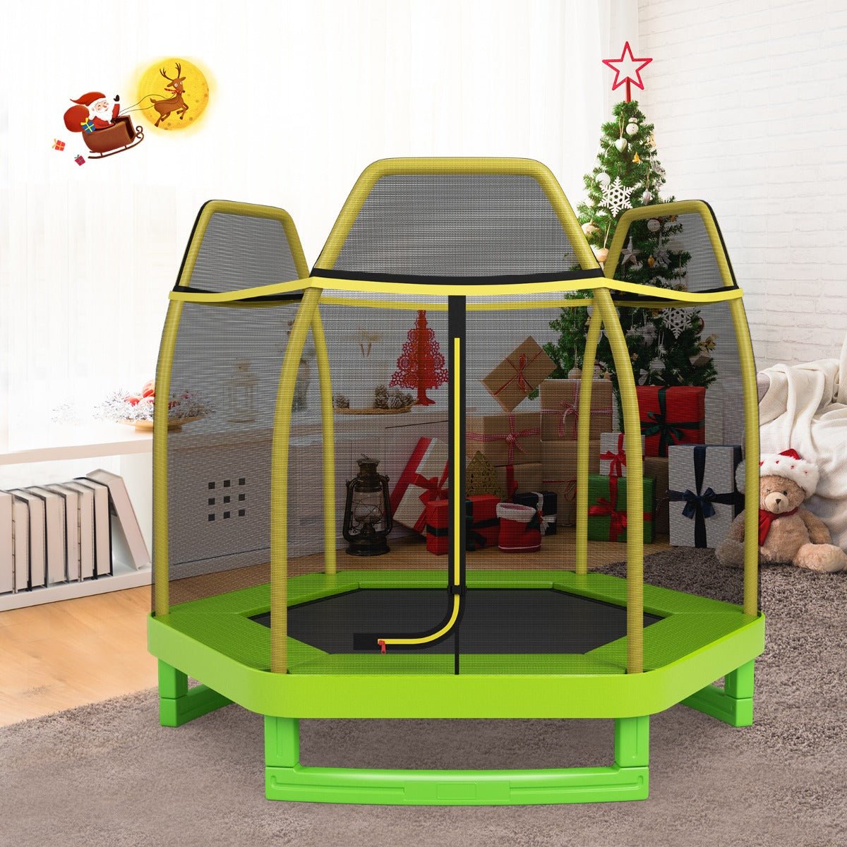 Outdoor Excitement: Kids Trampoline with Safety Enclosure Net for Outdoor Play Green