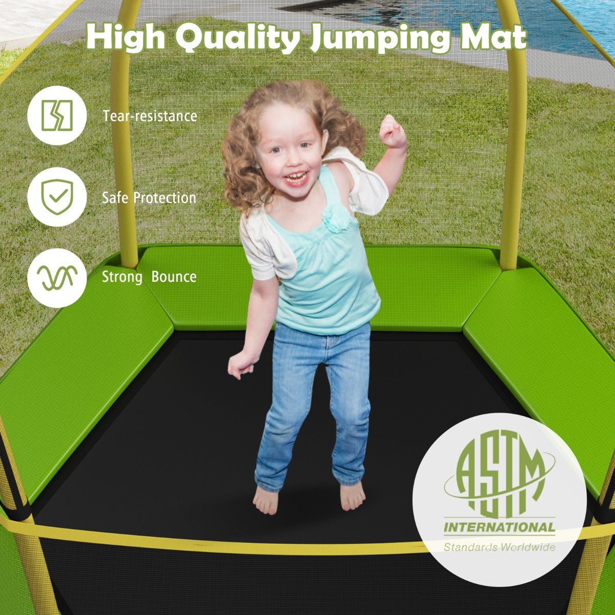 Play Safely: Kids Trampoline with Safety Enclosure Net for Outdoor Play Green