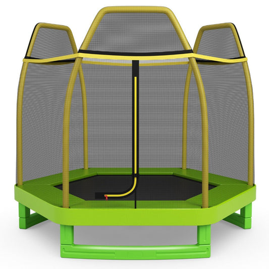 Safe Outdoor Fun: Kids Trampoline with Safety Enclosure Net for Outdoor Play Green