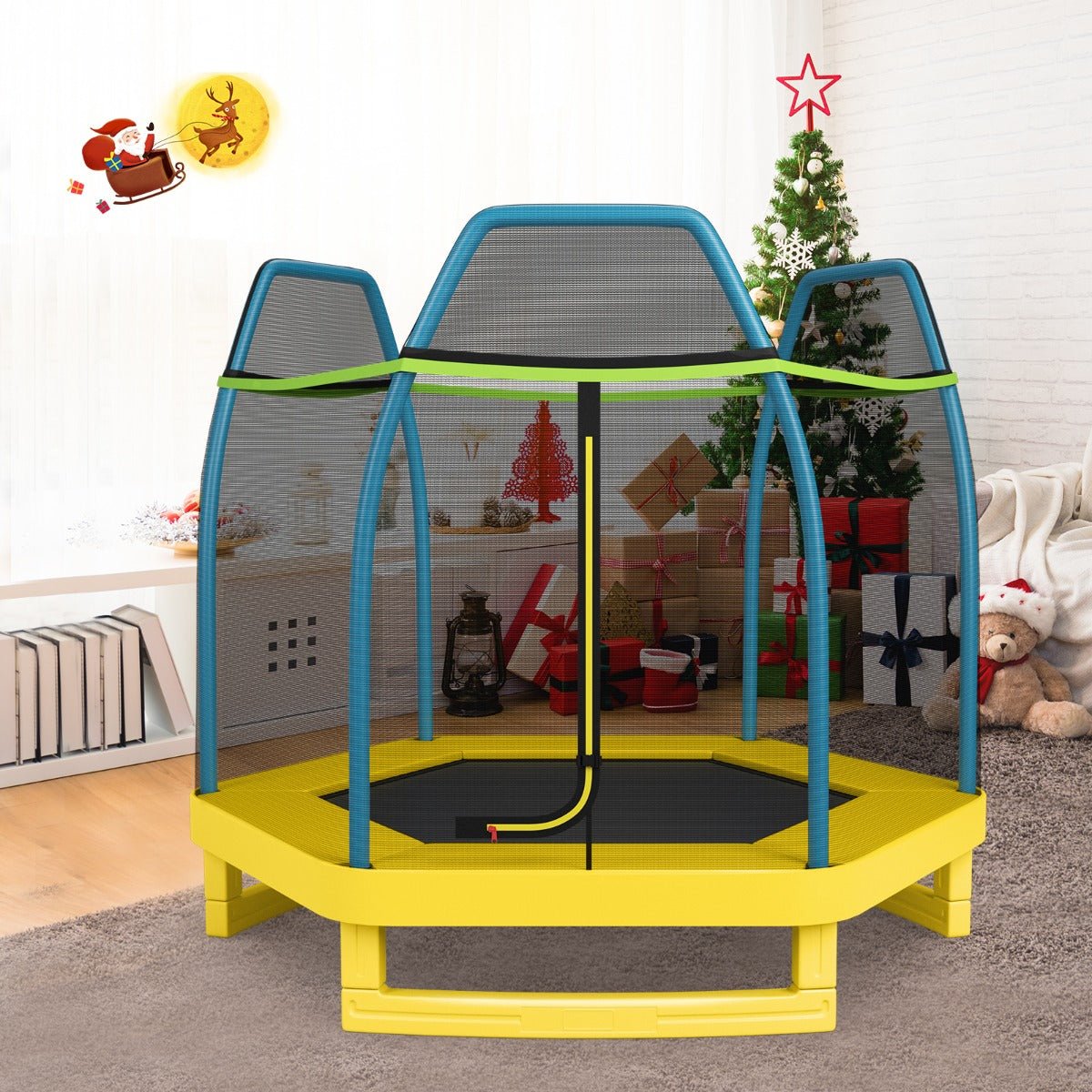 Safe Playtime: Yellow Trampoline with Enclosure Net for Active Kids