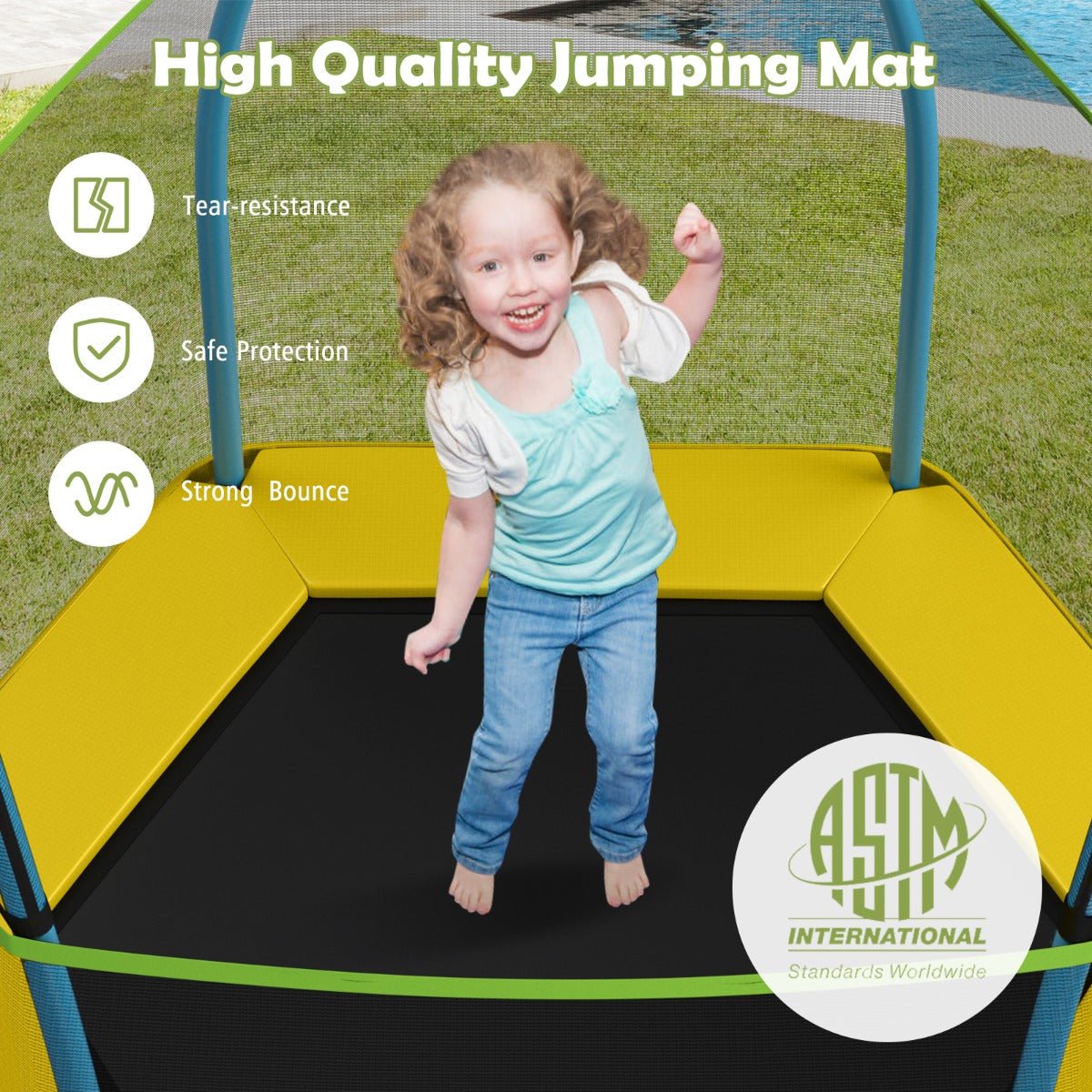 Jump with Confidence: Yellow Trampoline with Safety Enclosure Net