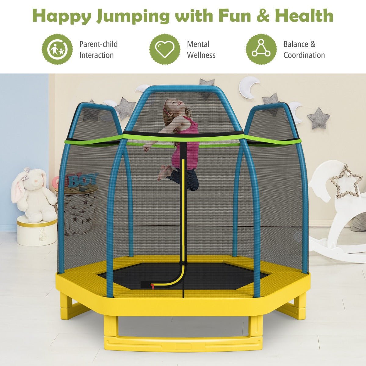 Vibrant Yellow Trampoline: Enjoy Secure Bouncing with Enclosure Net