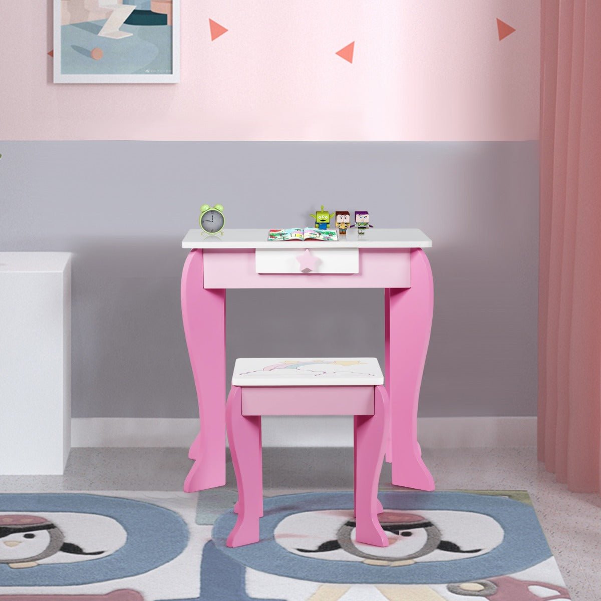 Pink Dreams Vanity: Children's Table & Chair Set with Mirror & Stool