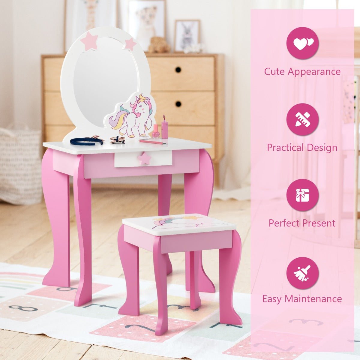 Spark Imagination: Kids Vanity Table & Chair Set with Mirror & Stool