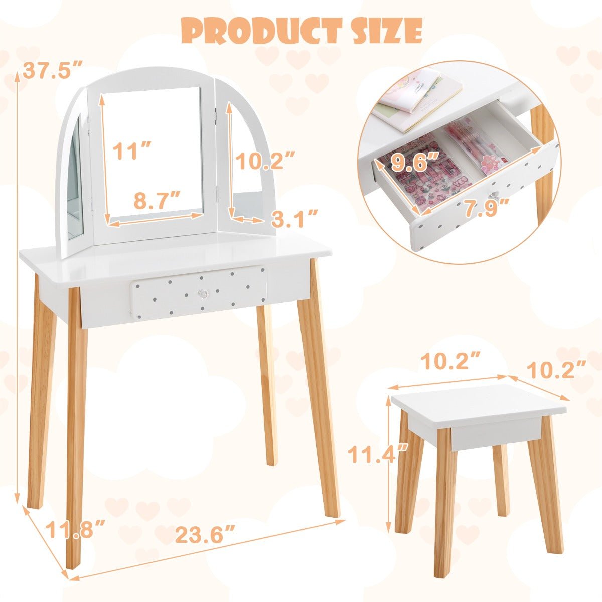 Kid's Vanity Set with Tri-folding Mirror - Whimsy and Elegance