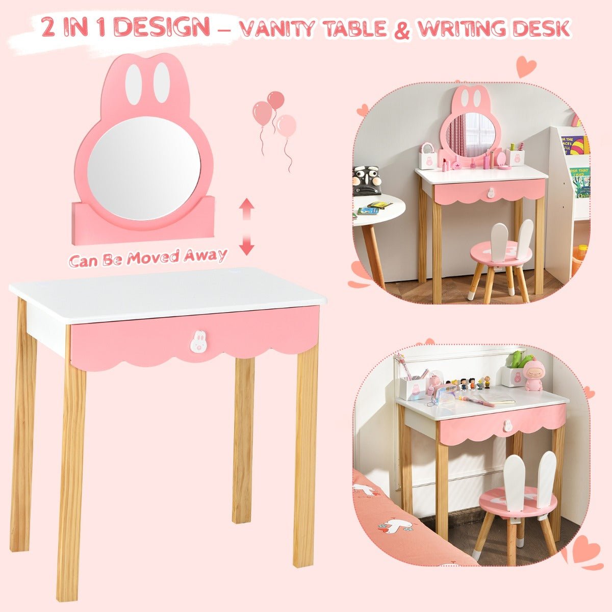 Kids Vanity Table and Chair Set - Rabbit Mirror & Drawer for Organization