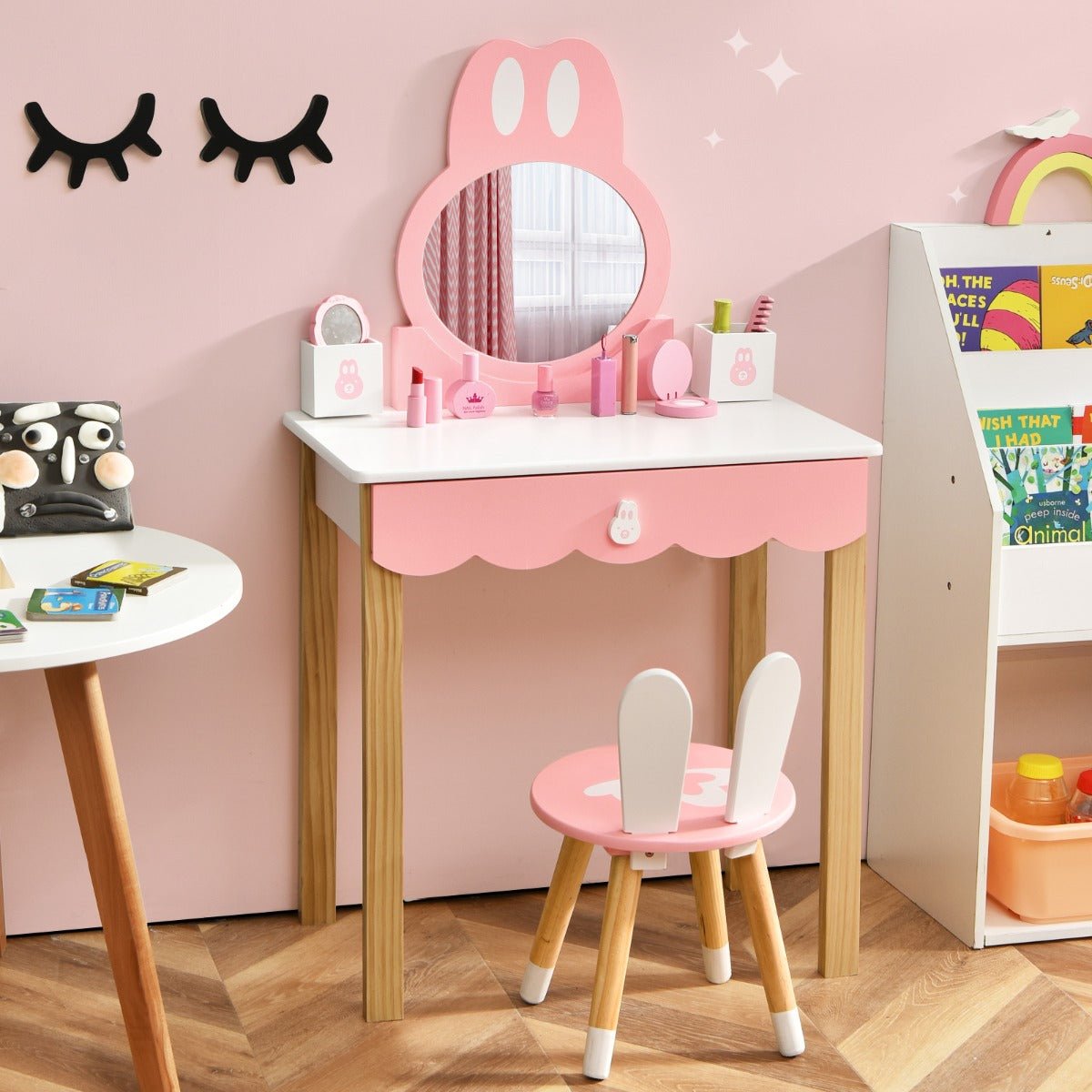 Children's Vanity Table & Chair Set with Rabbit Mirror - Charming Storage Solution