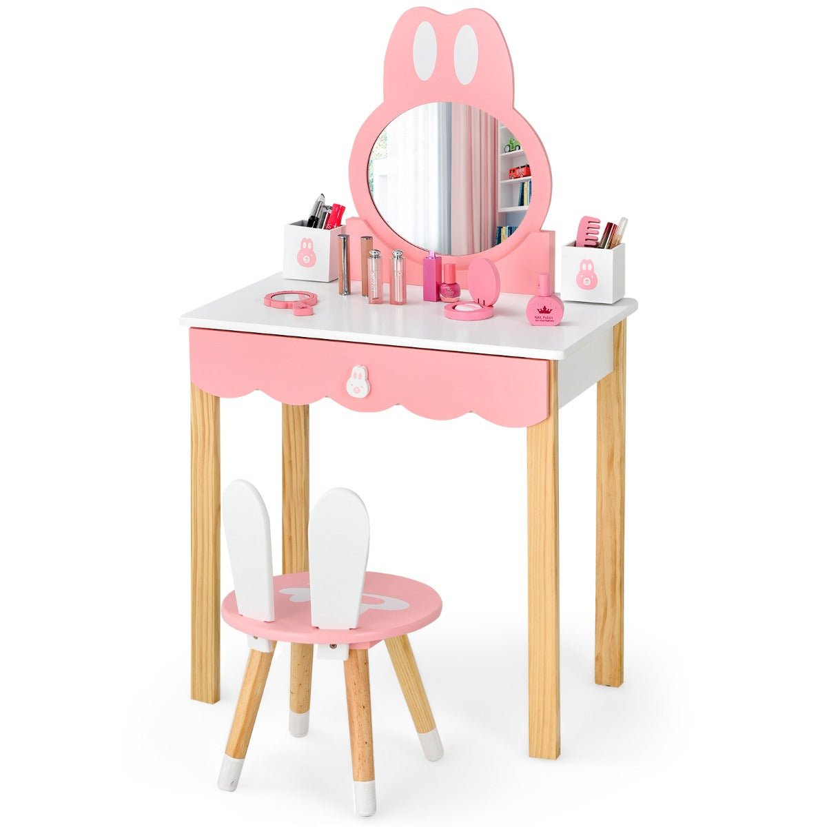 Kids Vanity Set with Rabbit Mirror & Storage Drawer - Playful and Practical