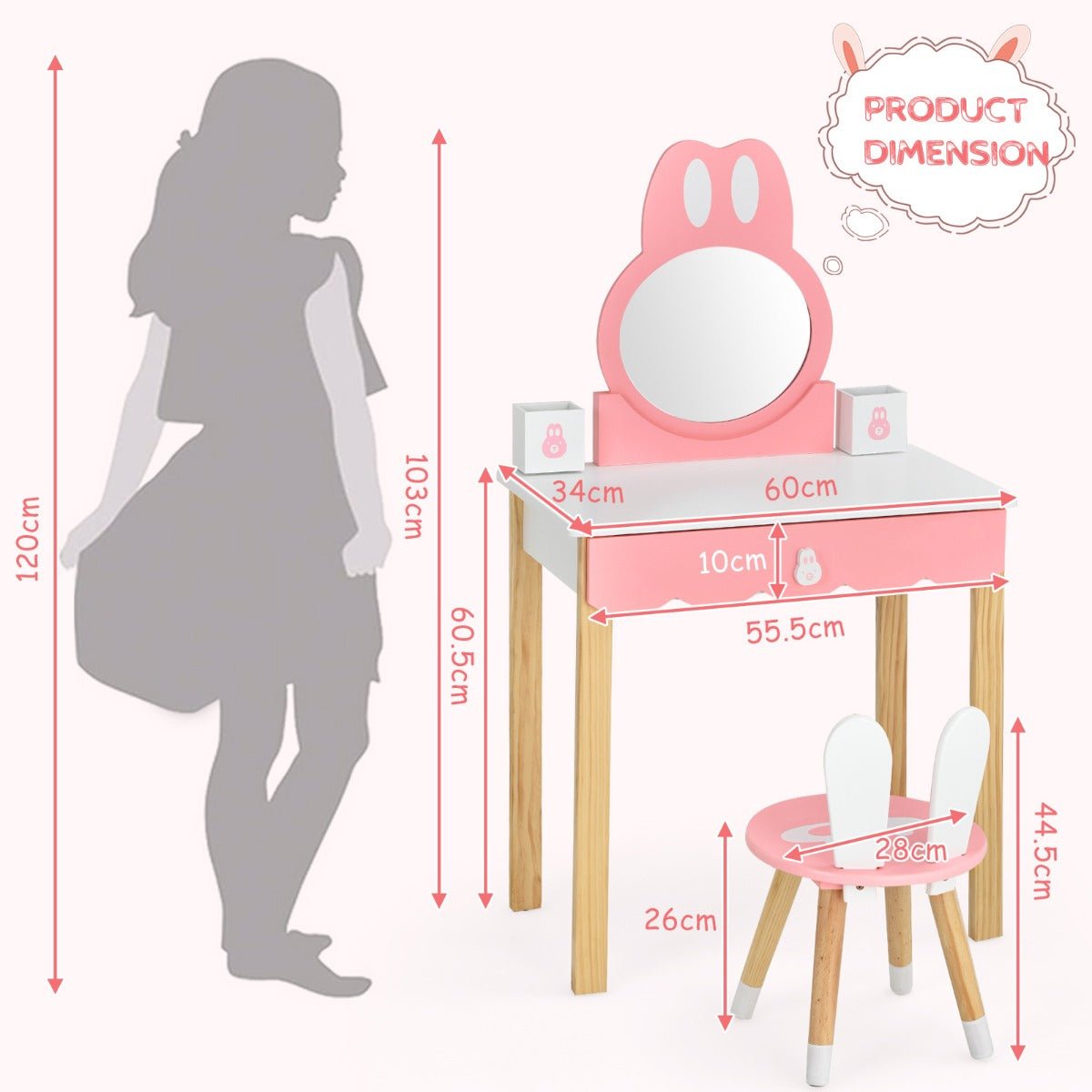 Vanity Set for Kids with Rabbit Mirror & Storage Drawer - Whimsical Design