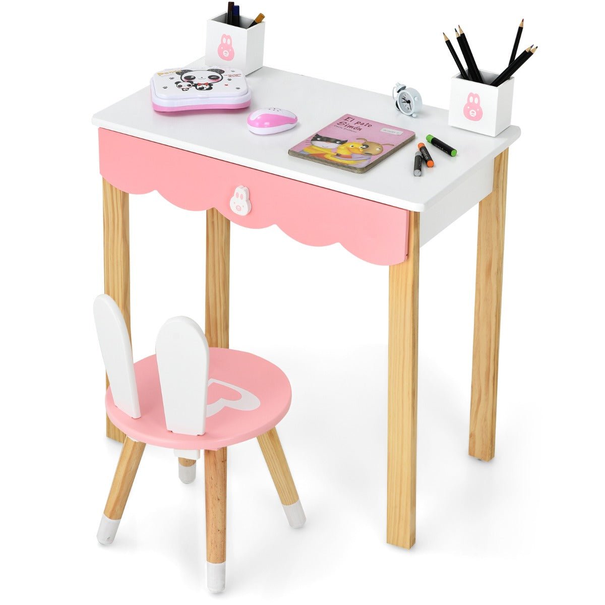 Kids Vanity Table & Chair Set - Rabbit Mirror & Drawer, Ideal for Playtime