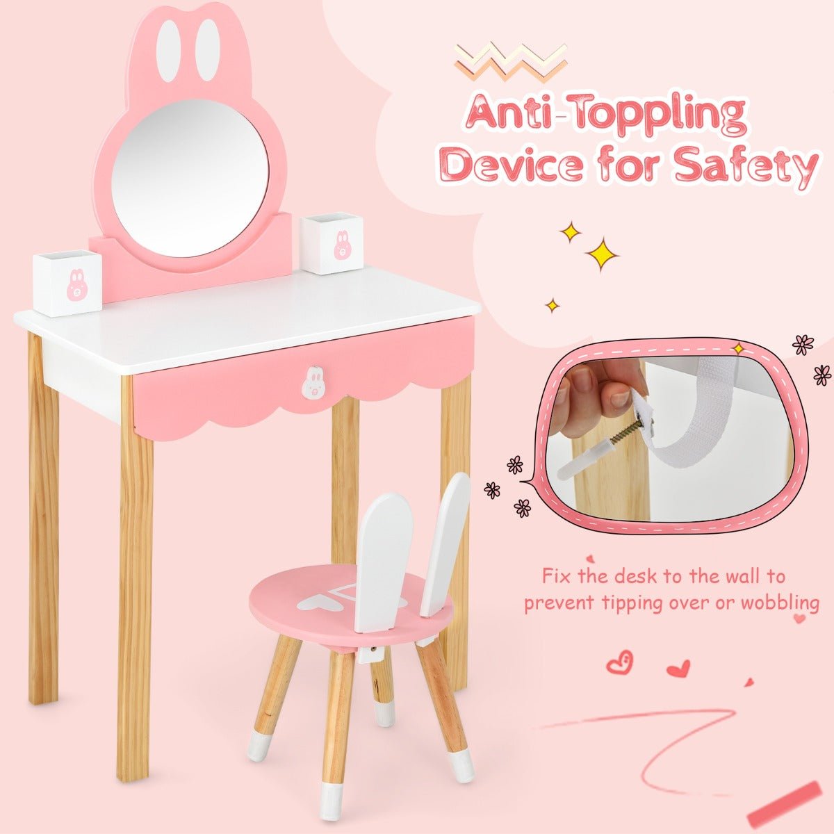 Kids Vanity Table and Chair Set - Rabbit Mirror & Storage Drawer, Practical