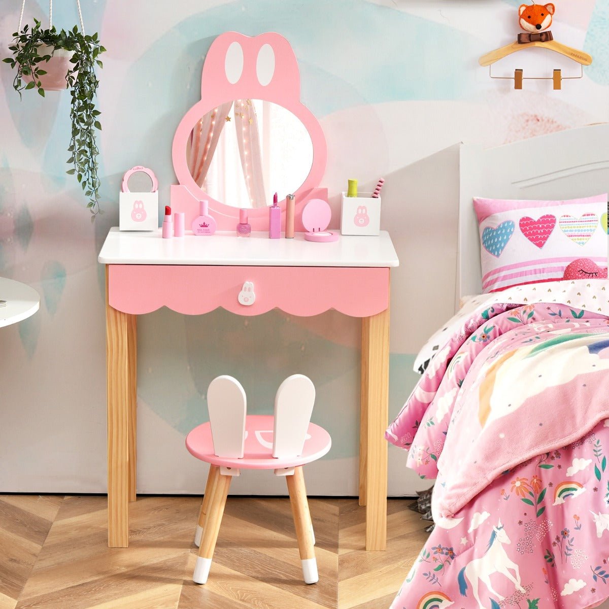 Kids Vanity Table & Chair with Rabbit Mirror - Organize in Style