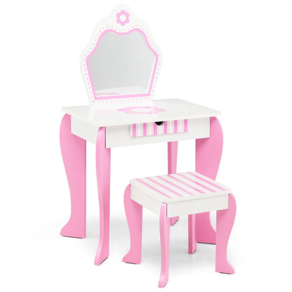 Kids Vanity Table & Stool Set with Mirror & Drawer - Playful Beauty Corner