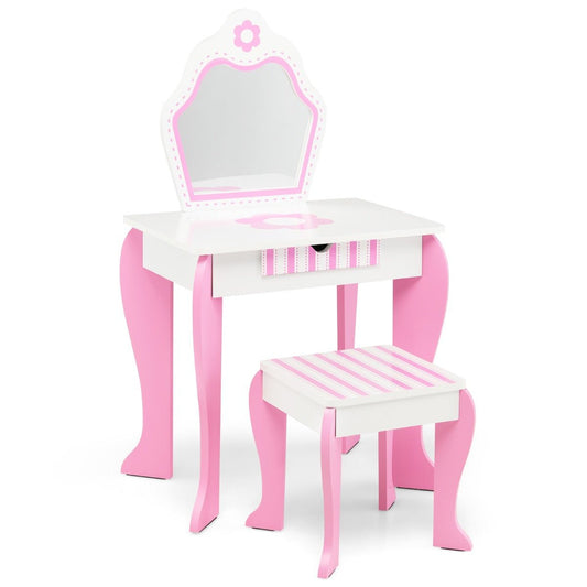 Kids Vanity Table & Stool Set with Mirror & Drawer - Playful Beauty Corner