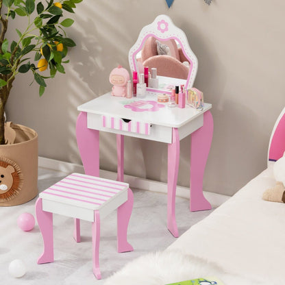 Functional Elegance: Children's Vanity Table Stool Set with Mirror & Drawer