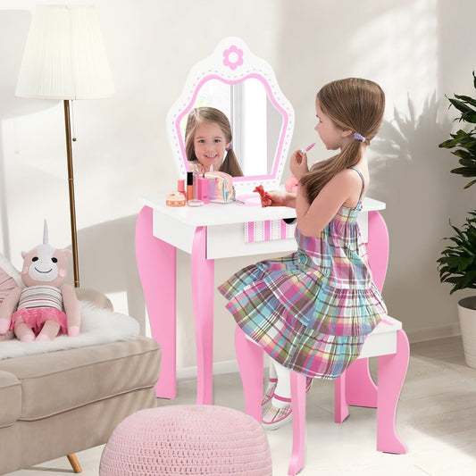 Children's Vanity Table Stool Set with Mirror & Drawer - Spark Imagination