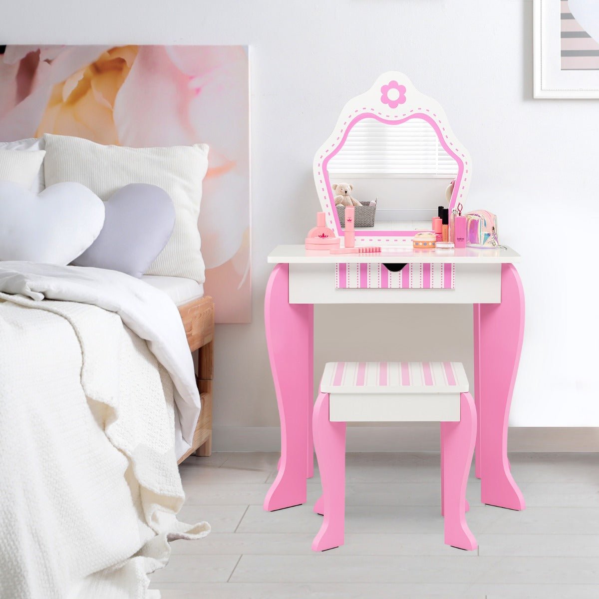 Imaginative Play: Kid Vanity Table & Stool Set with Mirror & Drawer