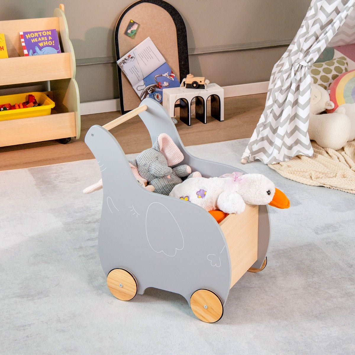 Kid's Wooden Shopping Cart - Rubber Wheels, Imaginative Playtime
