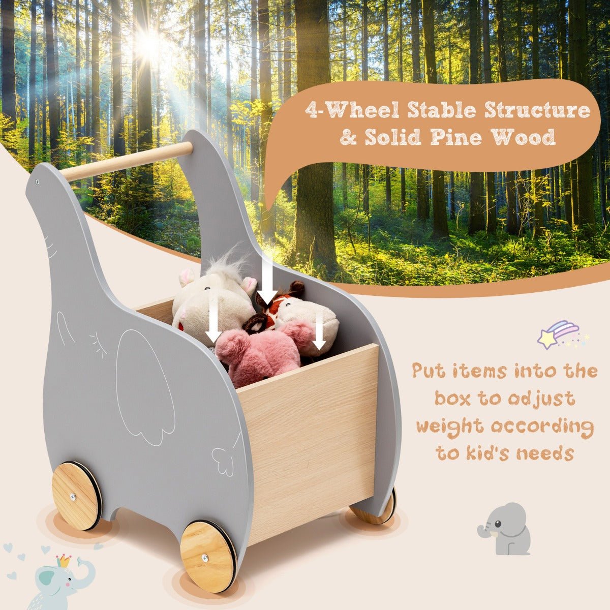  Wooden Kids Shopping Trolley - Rubber Wheels, Imaginative Play Experience