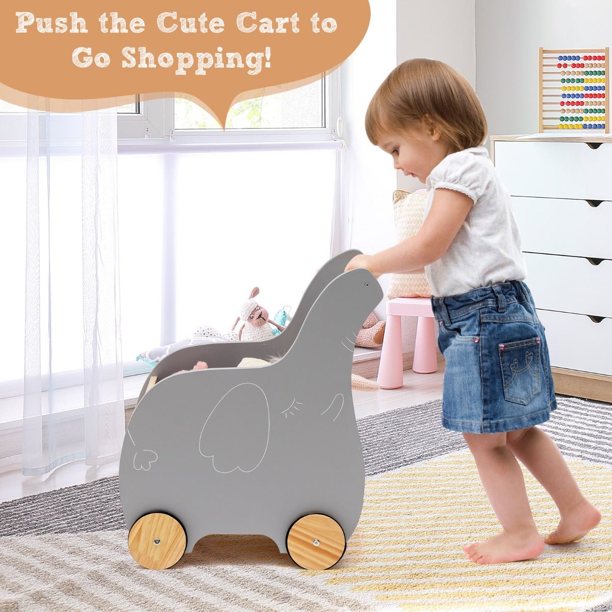 Kid's Wood Shopping Cart - Rubber Wheels, Imaginative Grocery Play