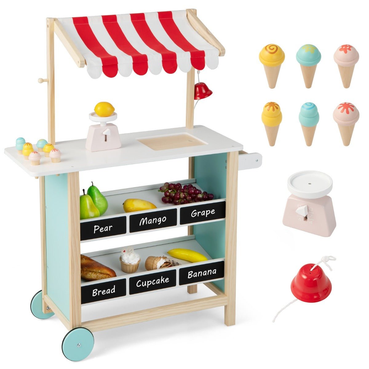 Scoop & Smile: Kids Wooden Ice Cream Cart with Chalkboard & Storage