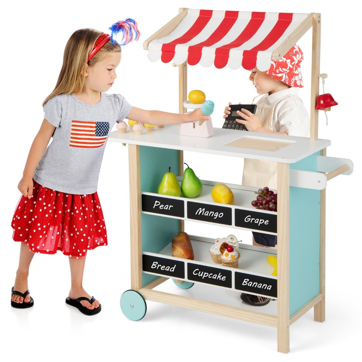 Joyful Ice Cream Play: Kids Wooden Ice Cream Cart with Chalkboard & Storage