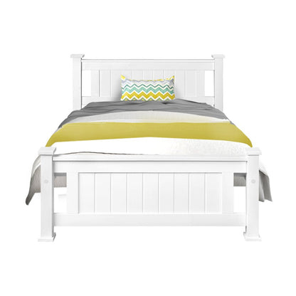 White wooden king single bed frame for kids room, sturdy and stylish design.