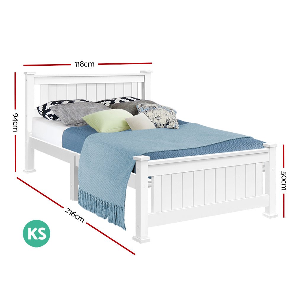 White wooden bed frame designed for kids rooms, King Single size. Sleek and sturdy.