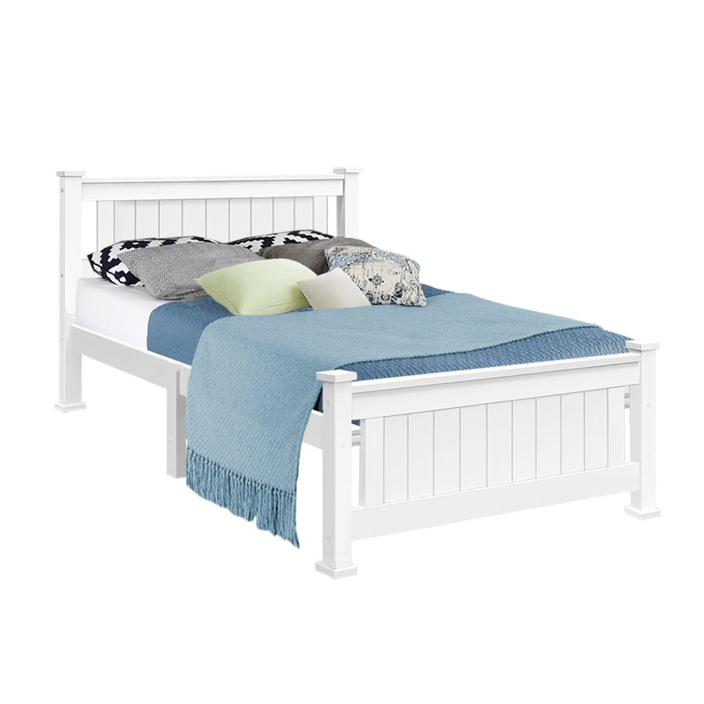 White wooden king single bed frame, perfect for childrens bedroom decor and comfort.