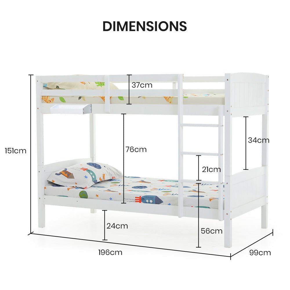 Modern Design - Pine Wood Bunk Bed Frame - White