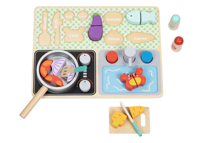 Colorful toy kitchen set for imaginative play, includes utensils and pretend cookware for kids.