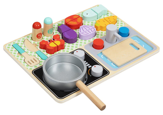 Colorful childrens kitchen play set for imaginative cooking and role-playing fun at home.