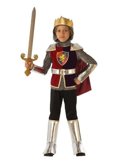 Child Knight Costume with Crown and Shield Emblem for imaginative play at home