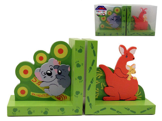 Adorable koala and kangaroo bookend set, perfect for organizing kids books in style.