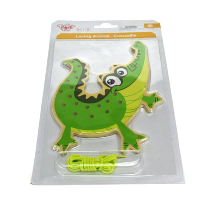 Colorful crocodile lacing toy for fine motor skills development and creative play at home.