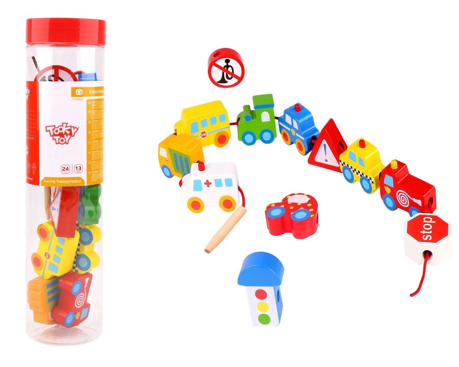 Colorful lacing blocks with transportation vehicles for interactive and educational play at home.