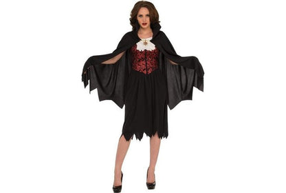 Elegant Lady Vampire Adult Halloween Costume with Cape, perfect for spooky dress-up fun.