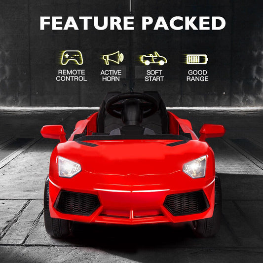 Red Lamborghini ride-on car for kids, featuring realistic design for thrilling indoor play.