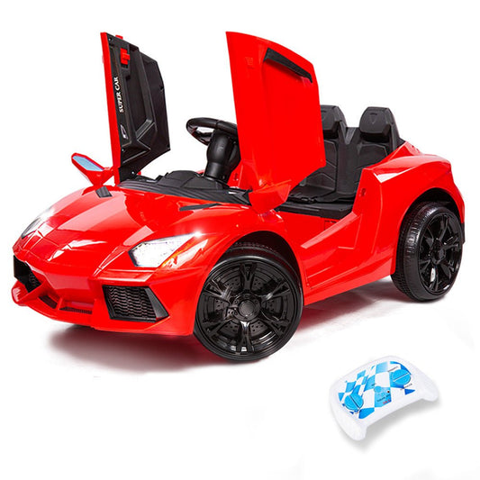 Red Lamborghini-inspired ride-on car for kids, perfect for imaginative play at home.