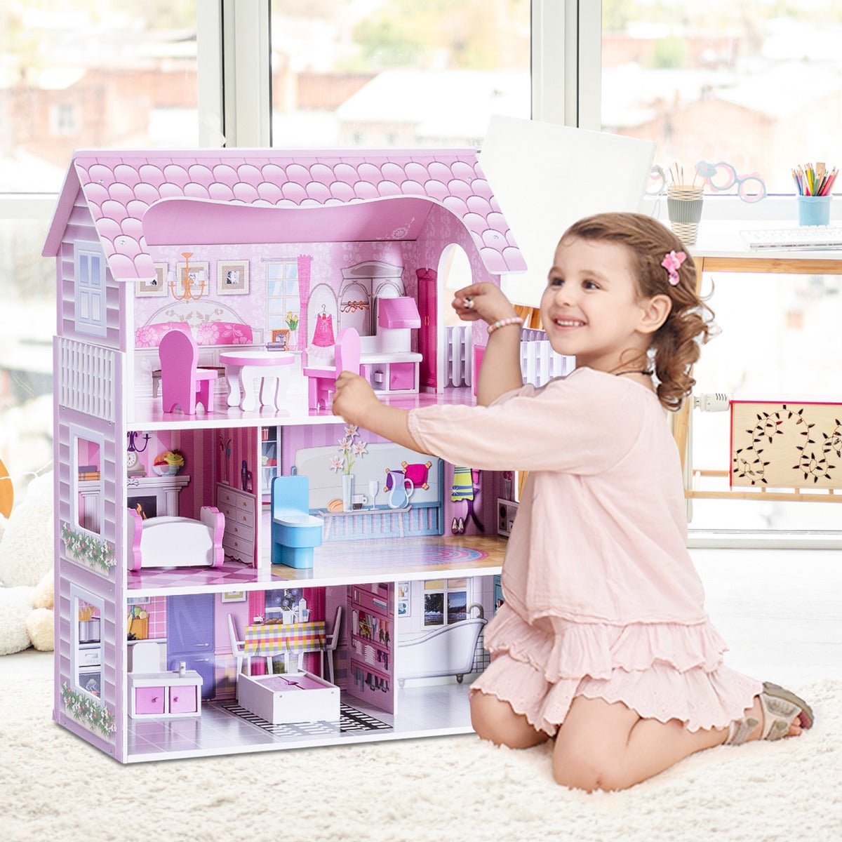 Complete Accessories: Large Wooden Dollhouse for Kids