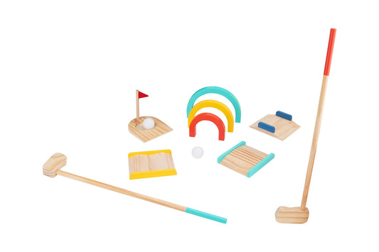 Kid-friendly lawn golf set for backyard fun, complete with colorful clubs and balls.