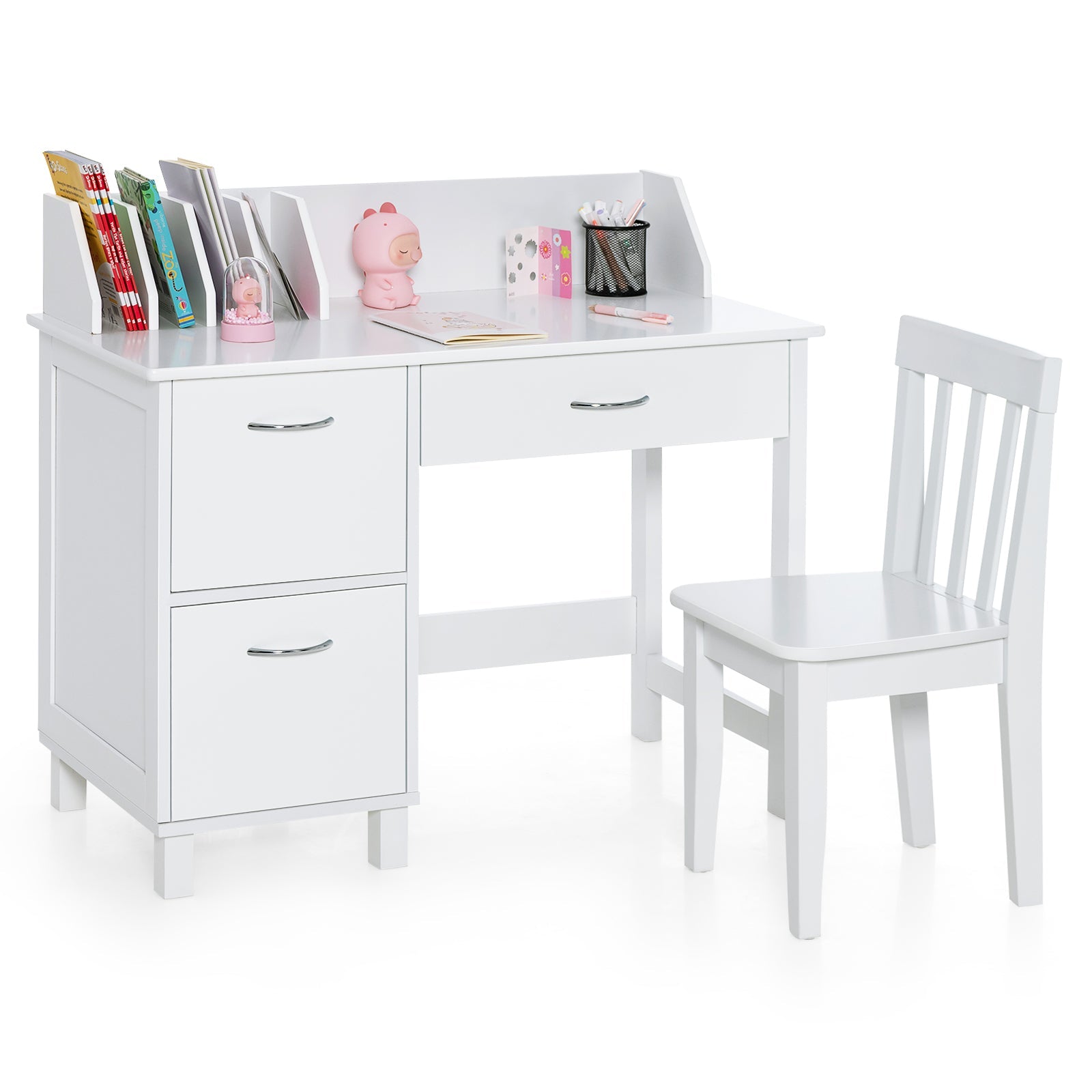 Kids Learning Desk & Chair Set - White - Front View