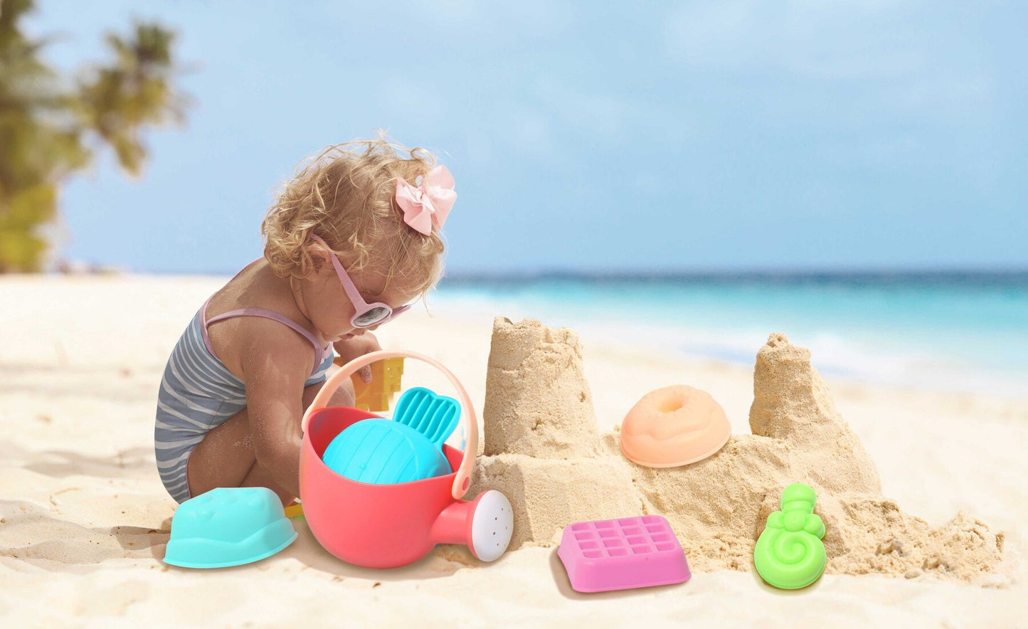 Colorful beach toy baking set for kids creative play at home.