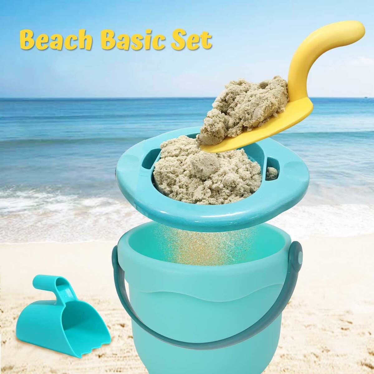 Colorful beach toy set for kids featuring shovels, pails, and molds for creative play.