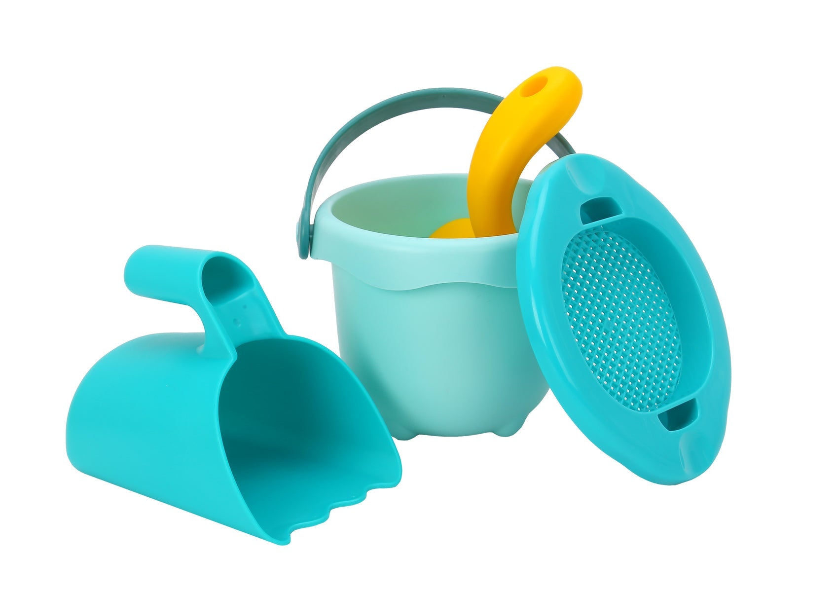 Colorful toy set for sand play, including bucket, shovel, and molds. Ideal for beach fun.