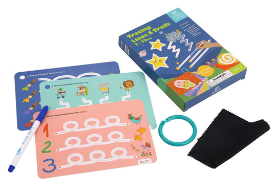 Kids tracing flash cards for learning lines and trails - educational, fun, at-home activity.