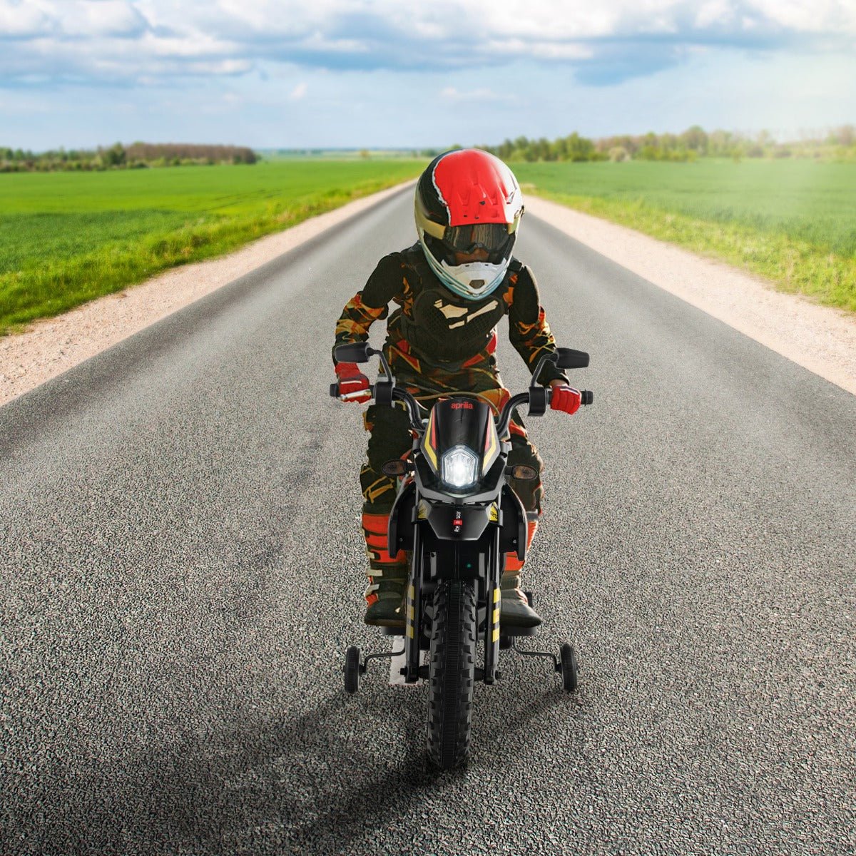 On the Road: Aprilia Kids Motorcycle Ride-On with Training Wheels, Black