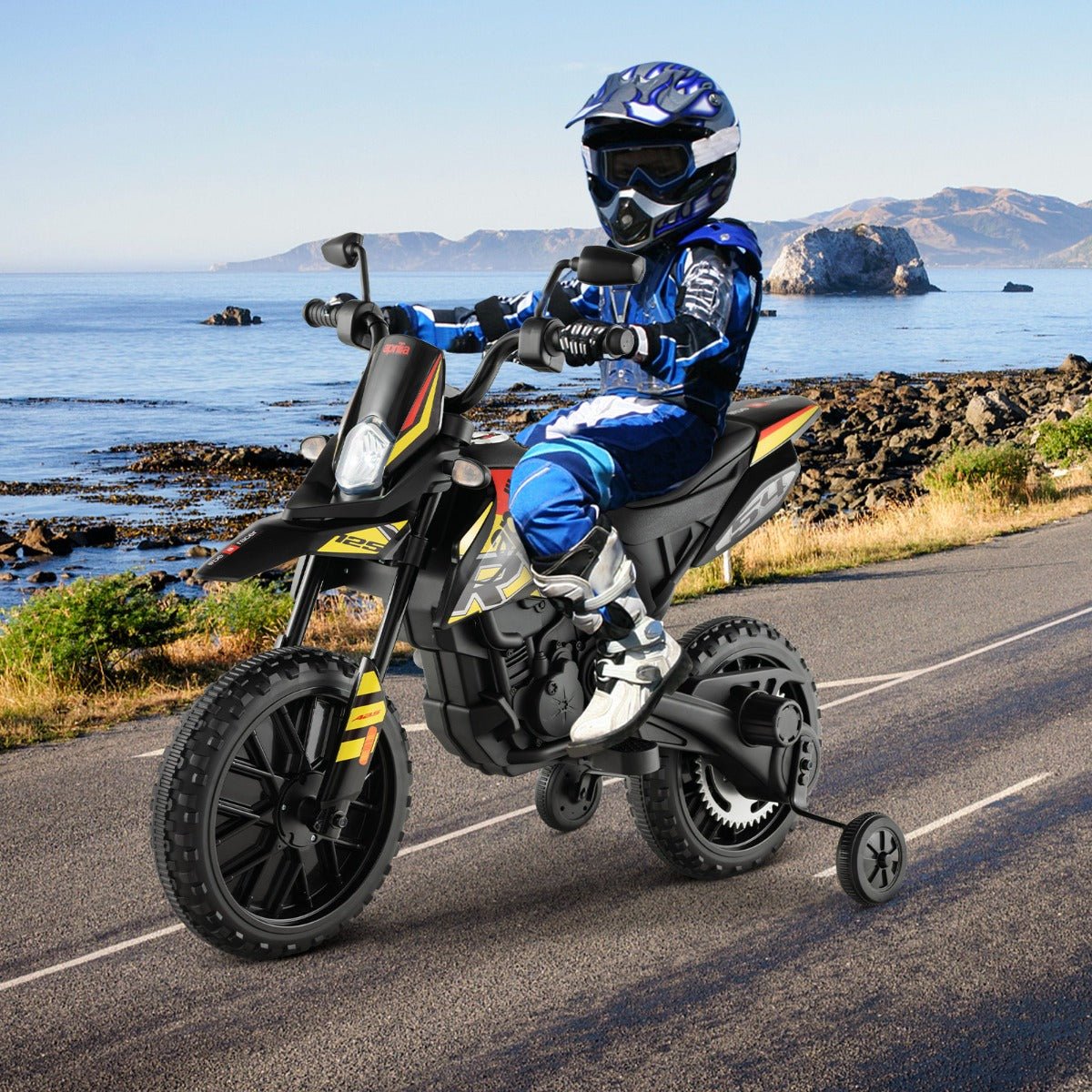 Little Riders' Joy: Aprilia Kids Ride-On Motorcycle with Training Wheels, Black